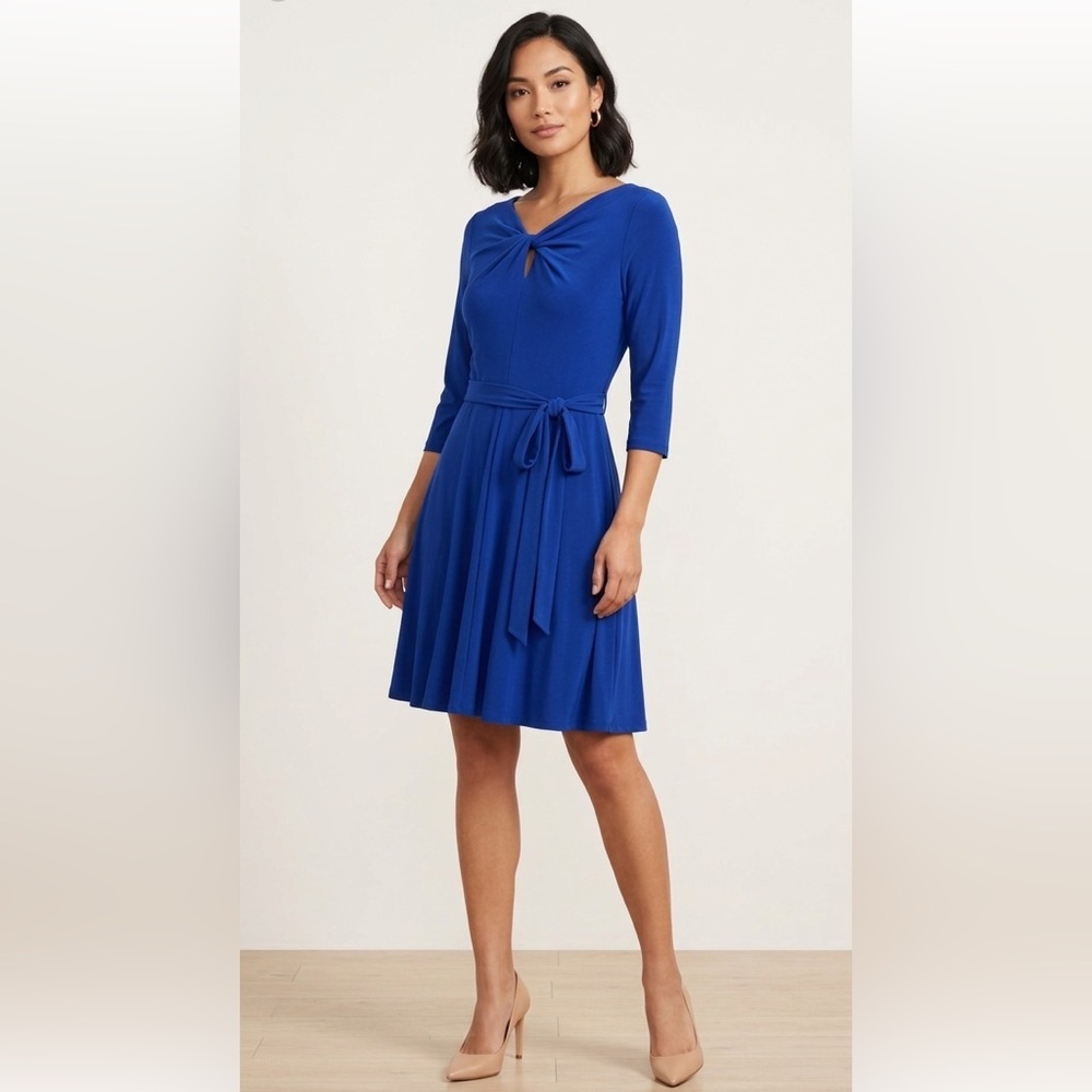 Tahari Arthur S. Levine Cobalt Blue Twist-Neck Petite A-Line Dress with Belt
